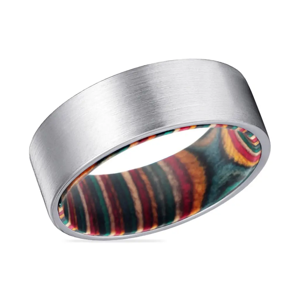 Prism | Multi Color Wood, Silver Tungsten Ring, Brushed, Flat 2