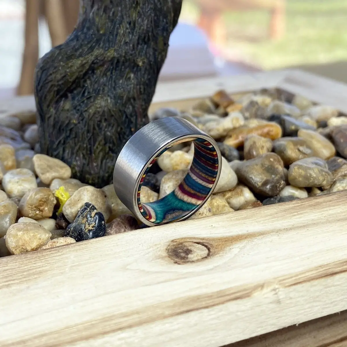Prism | Multi Color Wood, Silver Tungsten Ring, Brushed, Flat 5