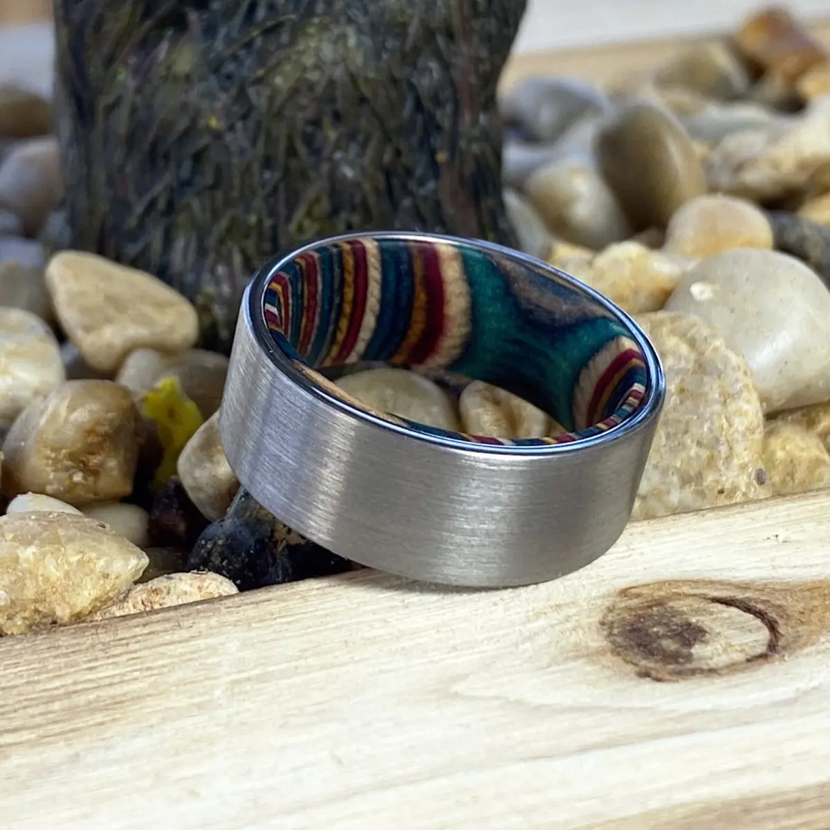 Prism | Multi Color Wood, Silver Tungsten Ring, Brushed, Flat 6