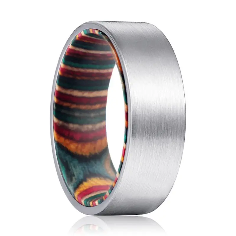 Prism | Multi Color Wood, Silver Tungsten Ring, Brushed, Flat 1