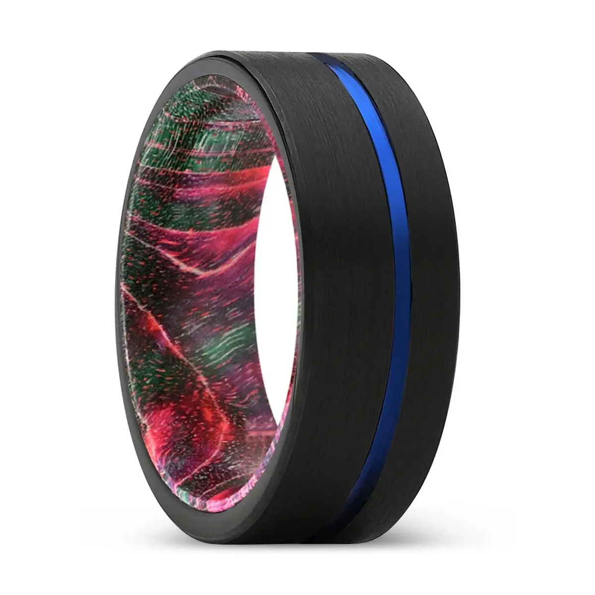 Pseudo | Green & Red Wood, Black Tungsten Ring, Blue Offset Groove, Flat 1