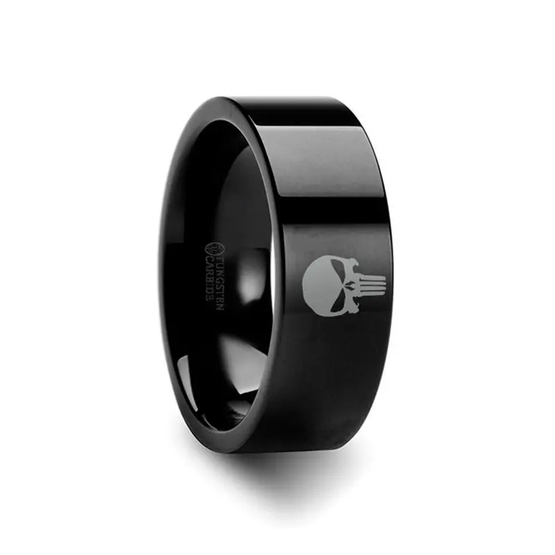 Punisher Symbol Super Hero Black Tungsten Engraved Ring Jewelry - 4Mm - 8Mm 1