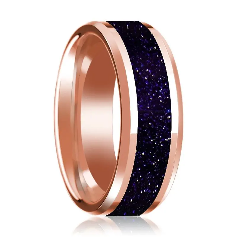 Purple Gold Stone Inlaid 14K Rose Gold Polished Wedding Band For Men With Beveled Edges - 8Mm 1
