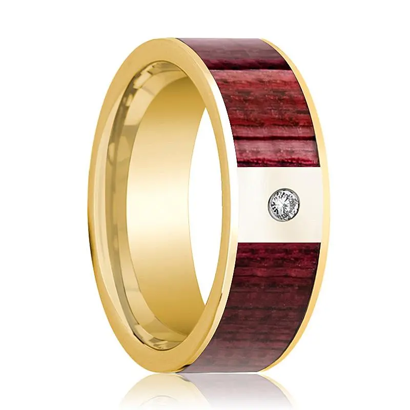 Purpleheart Wood Inlaid Men's 14K Gold Wedding Band With White Diamond - 8Mm 1
