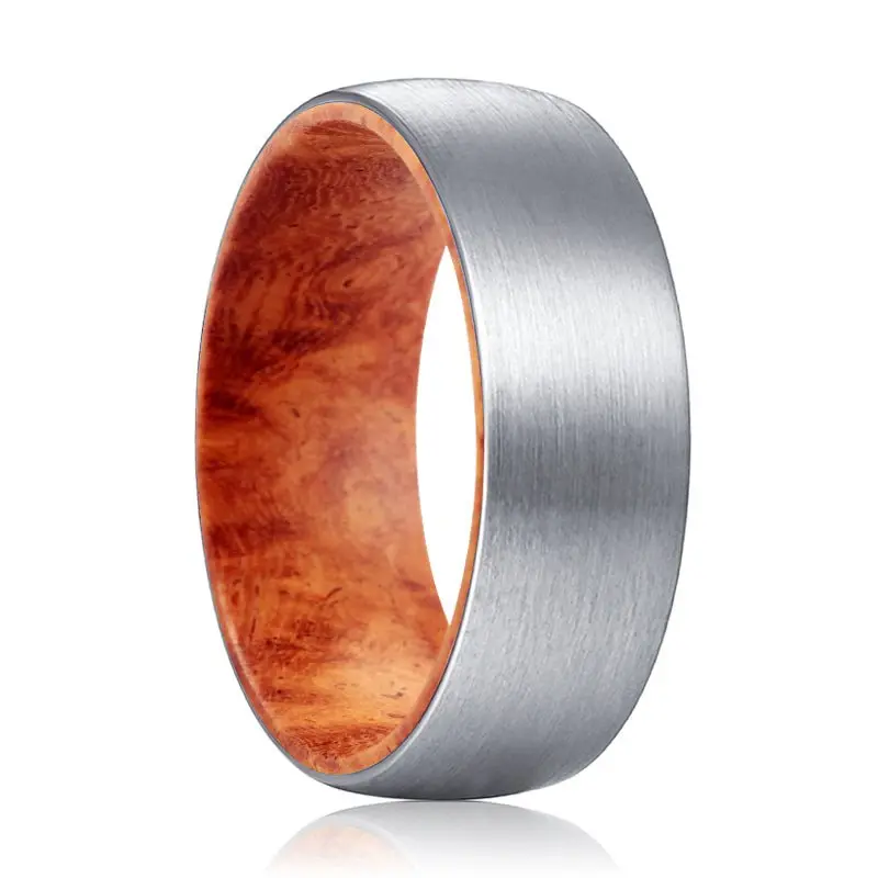 Pyro | Red Burl Wood, Silver Tungsten Ring, Brushed, Domed 1