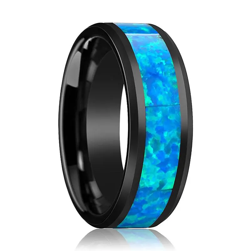 Quantum | Black Ceramic Ring, Blue & Green Opal Inlay, Beveled 1
