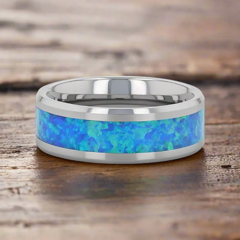 Quasar | Tungsten Ring Blue Green Opal Inlay 4