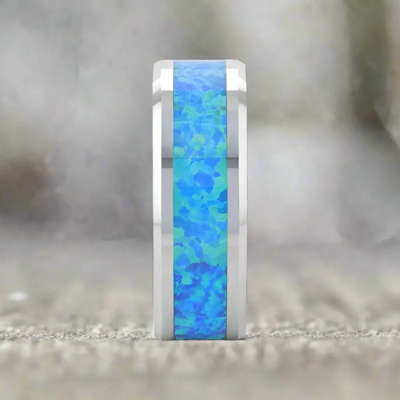 Quasar | Tungsten Ring Blue Green Opal Inlay 5