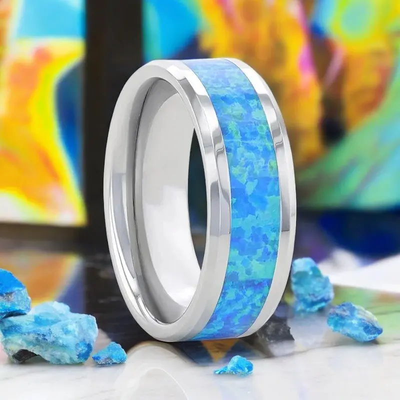 Quasar | Tungsten Ring Blue Green Opal Inlay 1