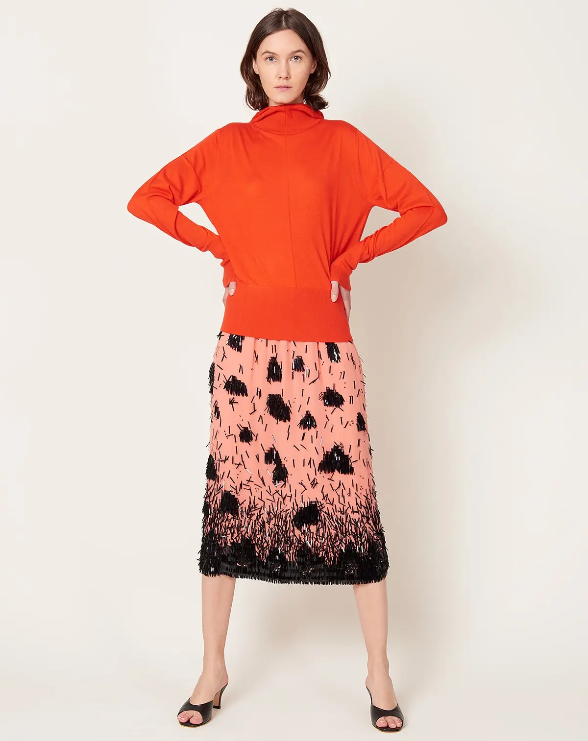 Vela Skirt In Coral & Black Hibiscus Sequins 1