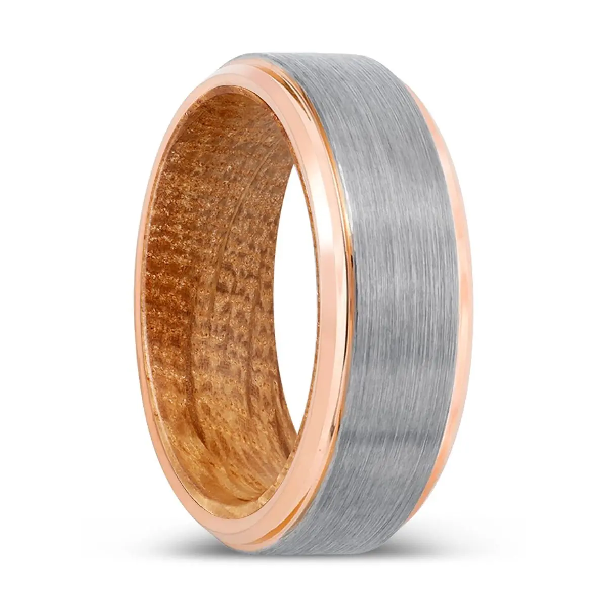 Radic | Whiskey Barrel Wood, Silver Tungsten Ring, Brushed, Rose Gold Stepped Edge 1