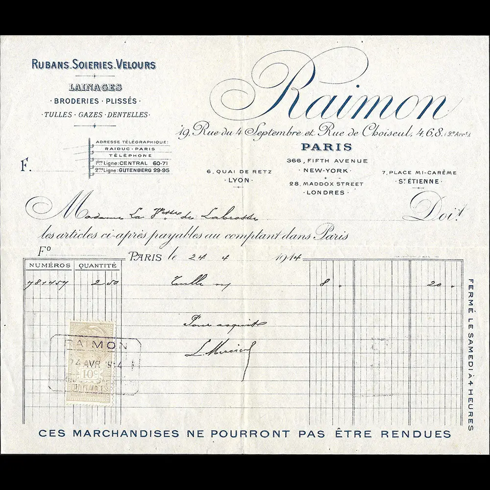 Raimon - Facture De La Maison De Tissus, 4, 6, 8 Rue De Choiseul À Paris (1914) 1