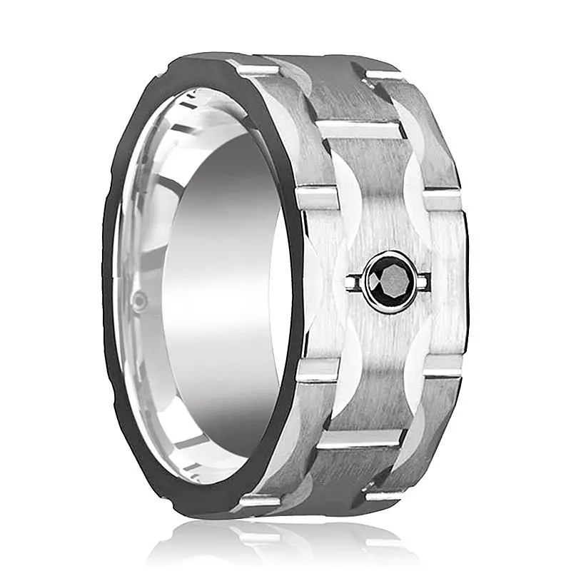 Rama | Tungsten Ring Grooves And Black Diamond Setting 1