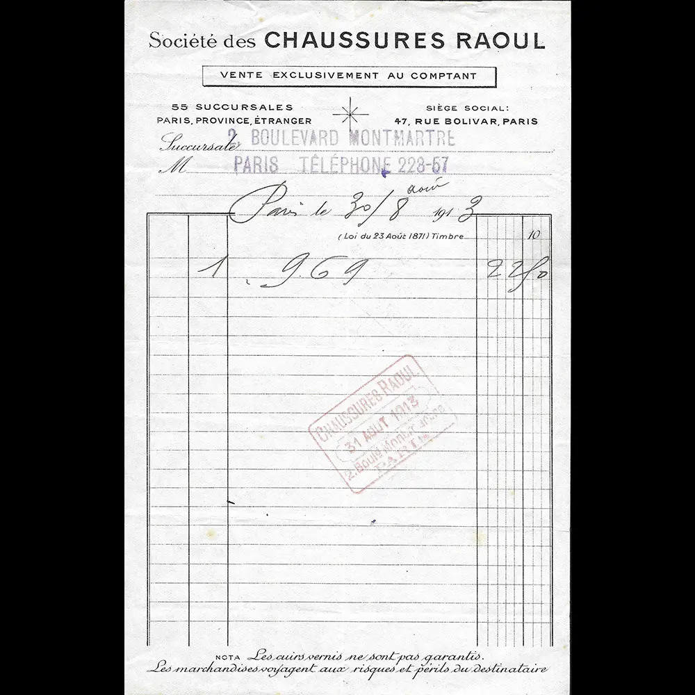 Raoul - Facture De La Société De Chaussures, 2 Boulevard Montmartre Paris (1913) 1
