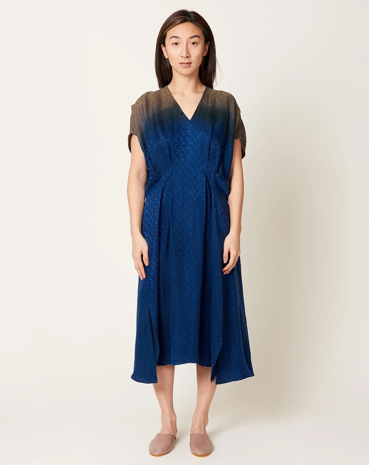 Voda Dress In Moss Indigo Silk Jacquard 1