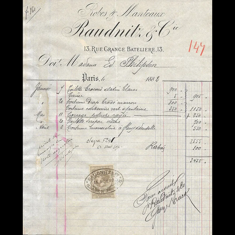 Raudnitz & Co - Facture De La Maison De Couture, 13 Rue De La Grange Batelière À Paris (1882) 1