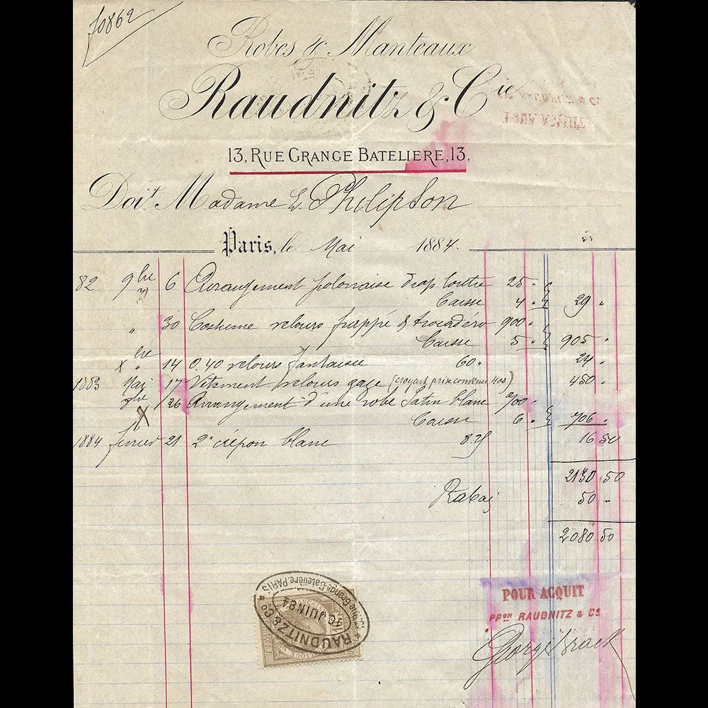 Raudnitz & Co - Facture De La Maison De Couture, 13 Rue De La Grange Batelière À Paris (1884) 1