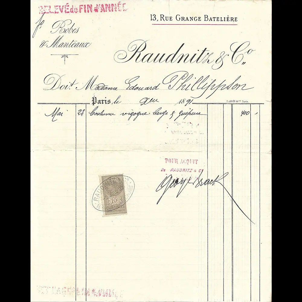 Raudnitz & Co - Facture De La Maison De Couture, 13 Rue De La Grange Batelière À Paris (1891) 1