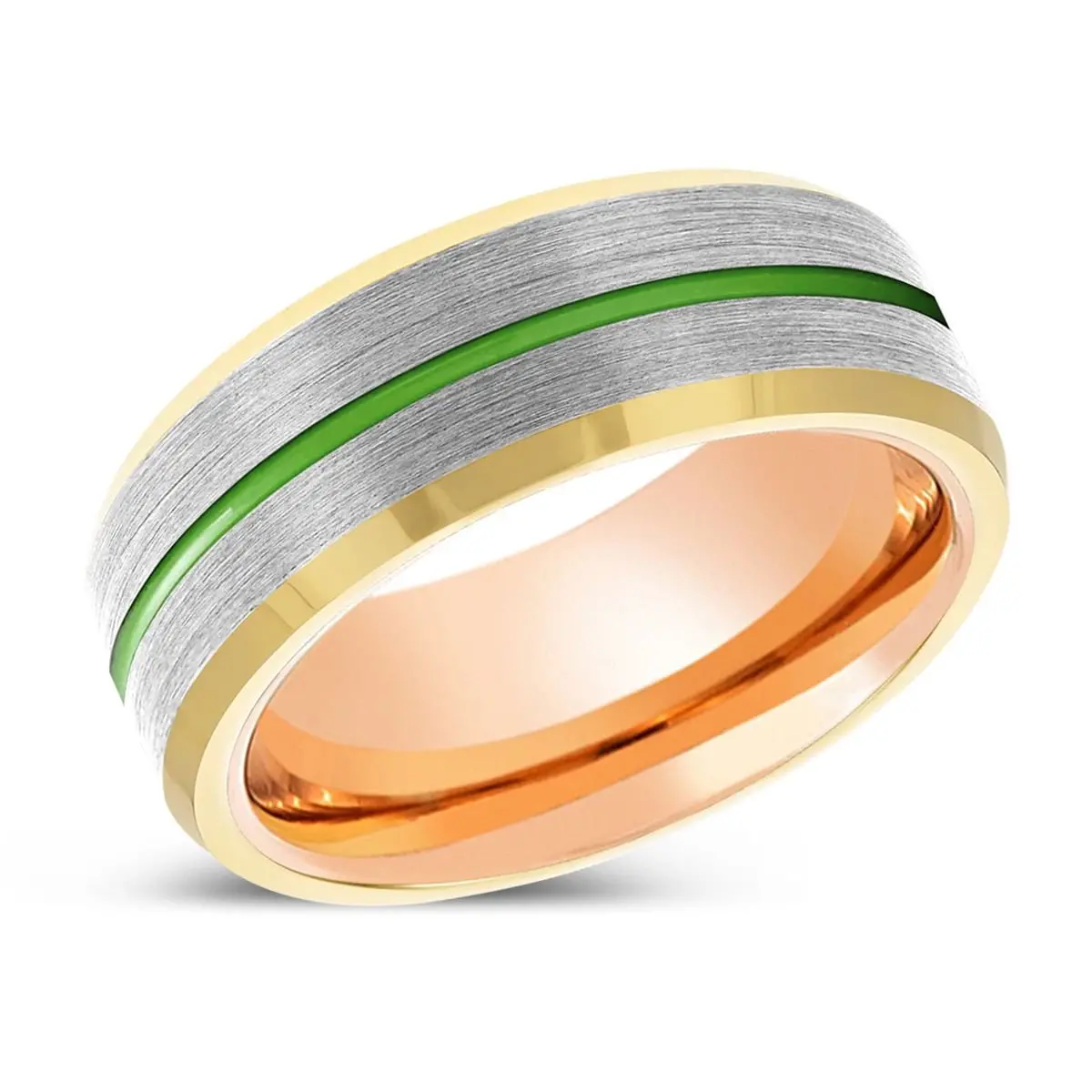 Ravager | Rose Gold Ring, Silver Tungsten Ring, Green Groove, Gold Beveled Edge 2