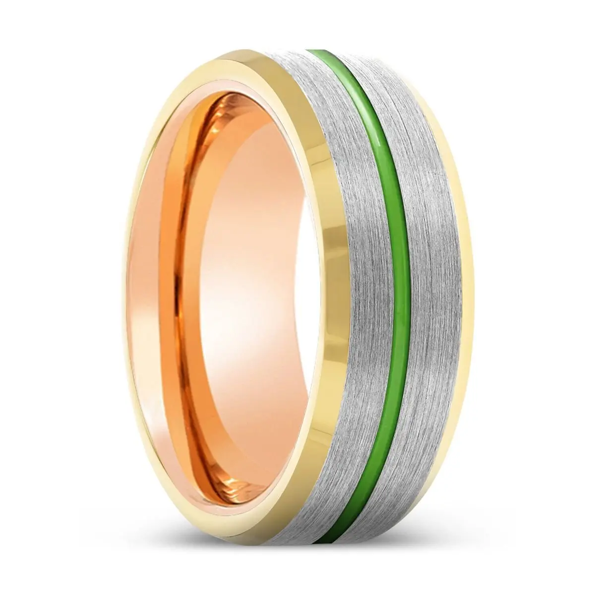 Ravager | Rose Gold Ring, Silver Tungsten Ring, Green Groove, Gold Beveled Edge 1