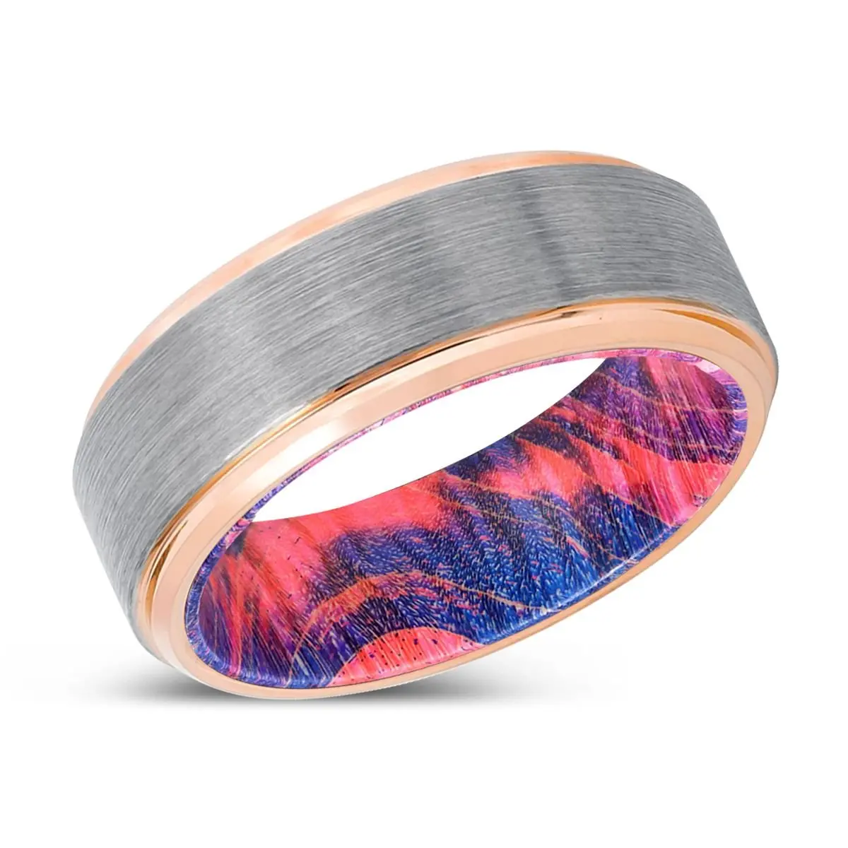 Raven | Blue & Red Wood, Silver Tungsten Ring, Brushed, Rose Gold Stepped Edge 2