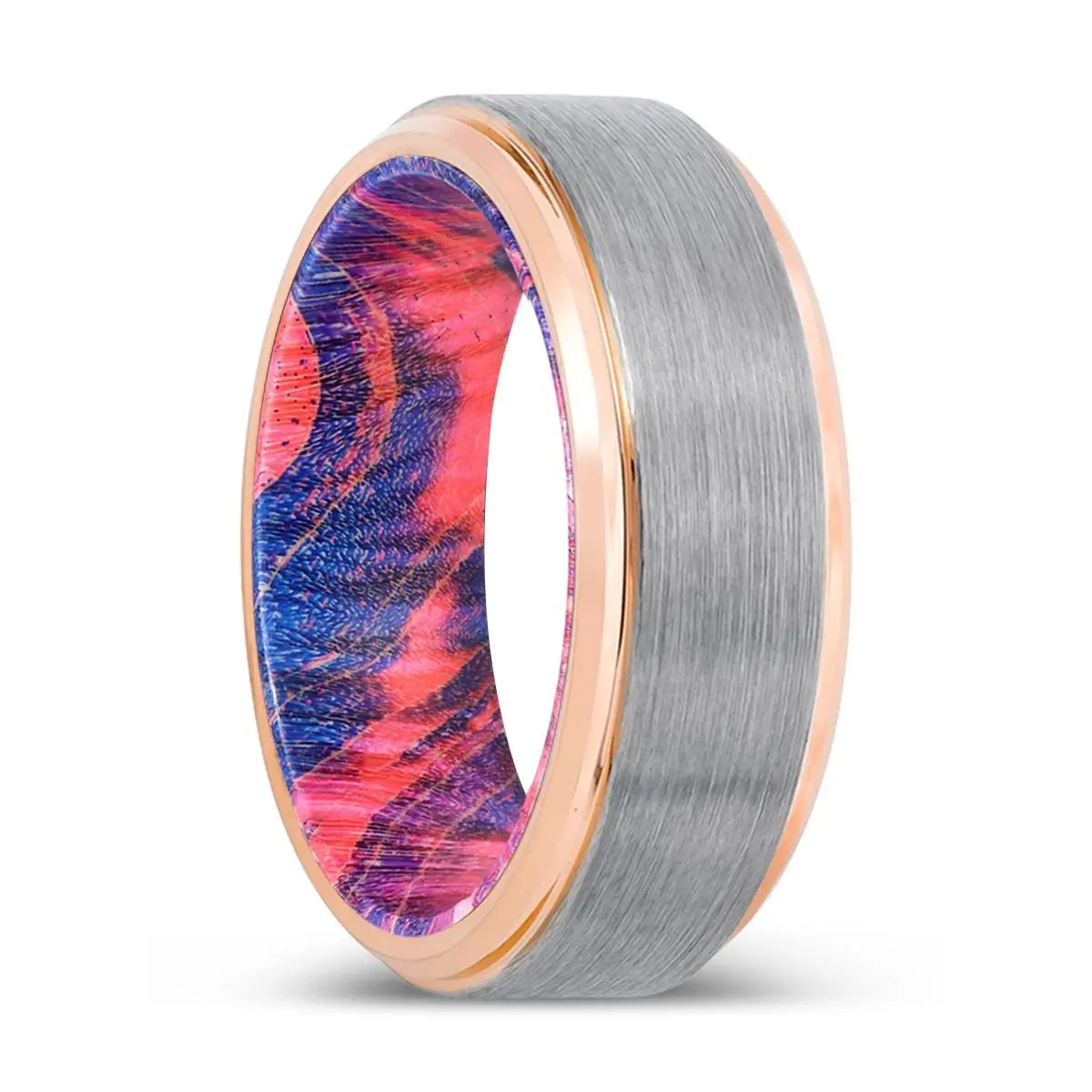 Raven | Blue & Red Wood, Silver Tungsten Ring, Brushed, Rose Gold Stepped Edge 1