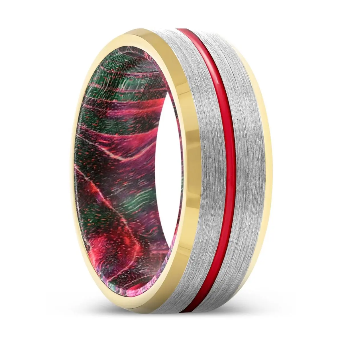 Raze | Green And Red Wood, Silver Tungsten Ring, Red Groove, Gold Beveled Edge 1