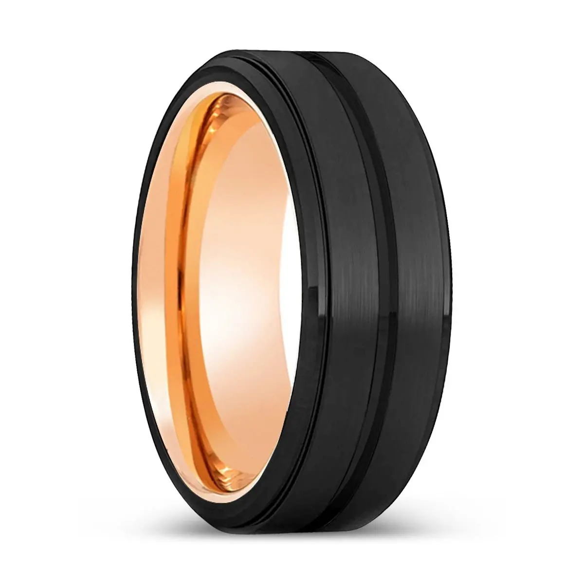 Razorblade | Rose Gold Ring, Black Tungsten Ring, Grooved, Stepped Edge 1
