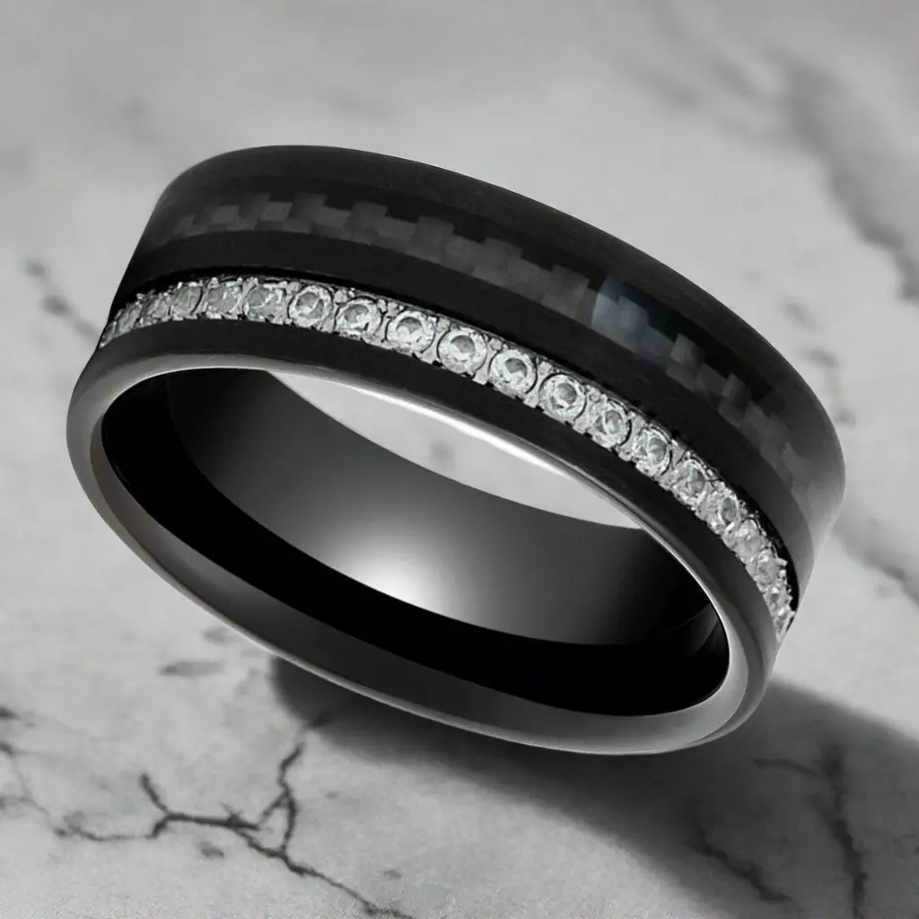 Reactor | Black Tungsten Ring, Black Carbon Fiber And Eternity White Cz Inlay 4