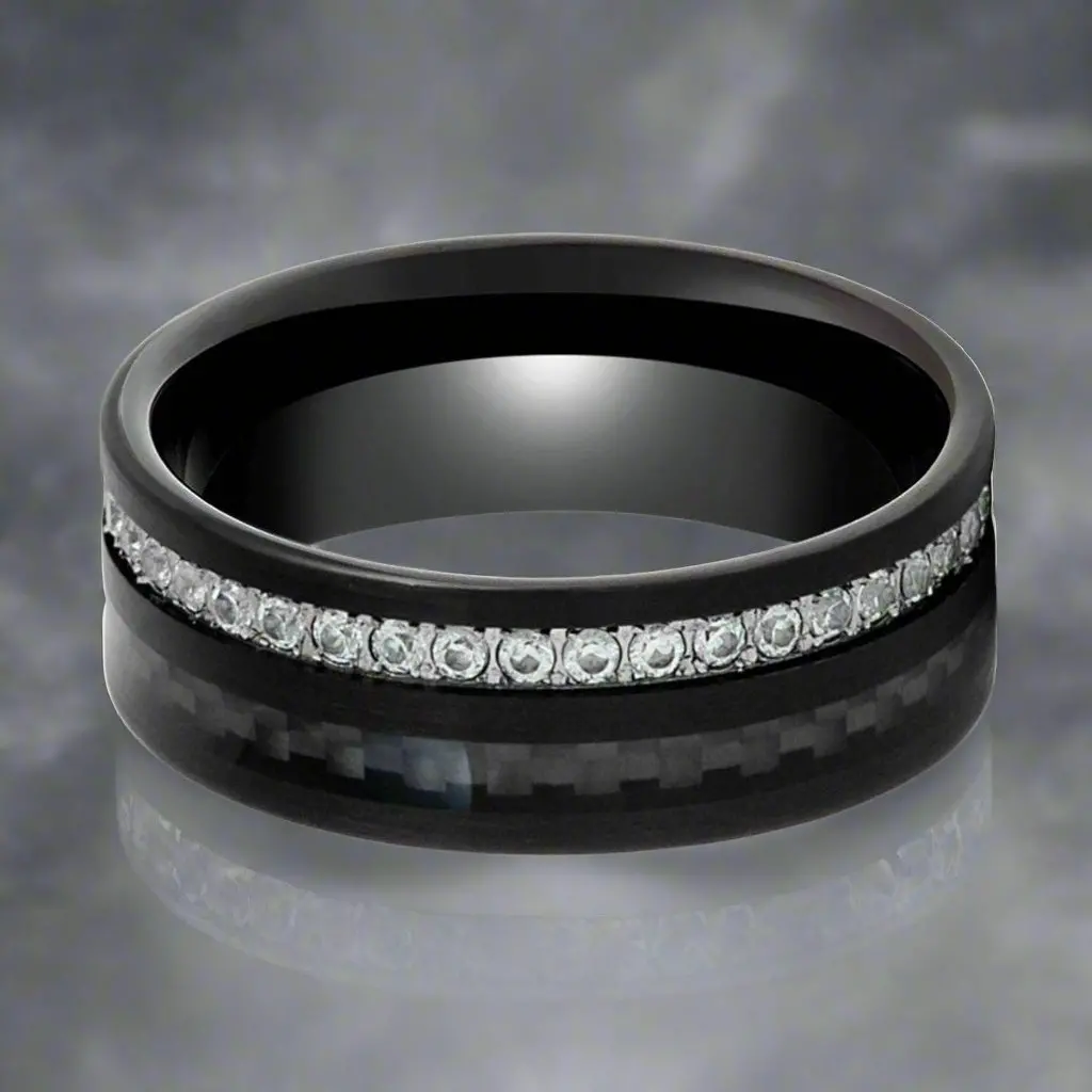 Reactor | Black Tungsten Ring, Black Carbon Fiber And Eternity White Cz Inlay 3