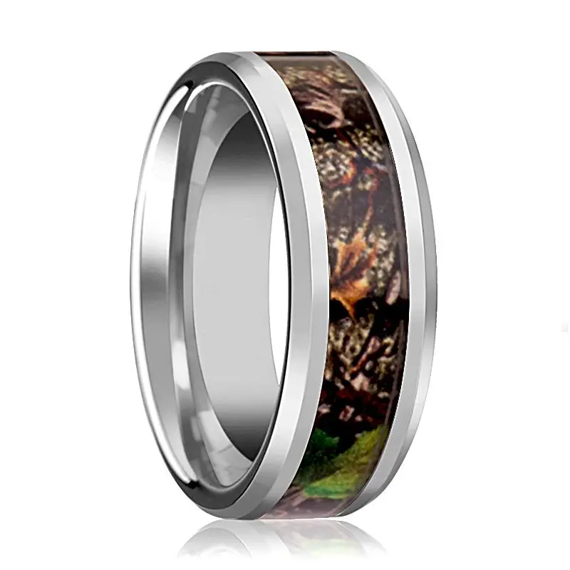 Realistic Tree Camo Tungsten Ring For Men With Green Leaves & Polished Finish 1