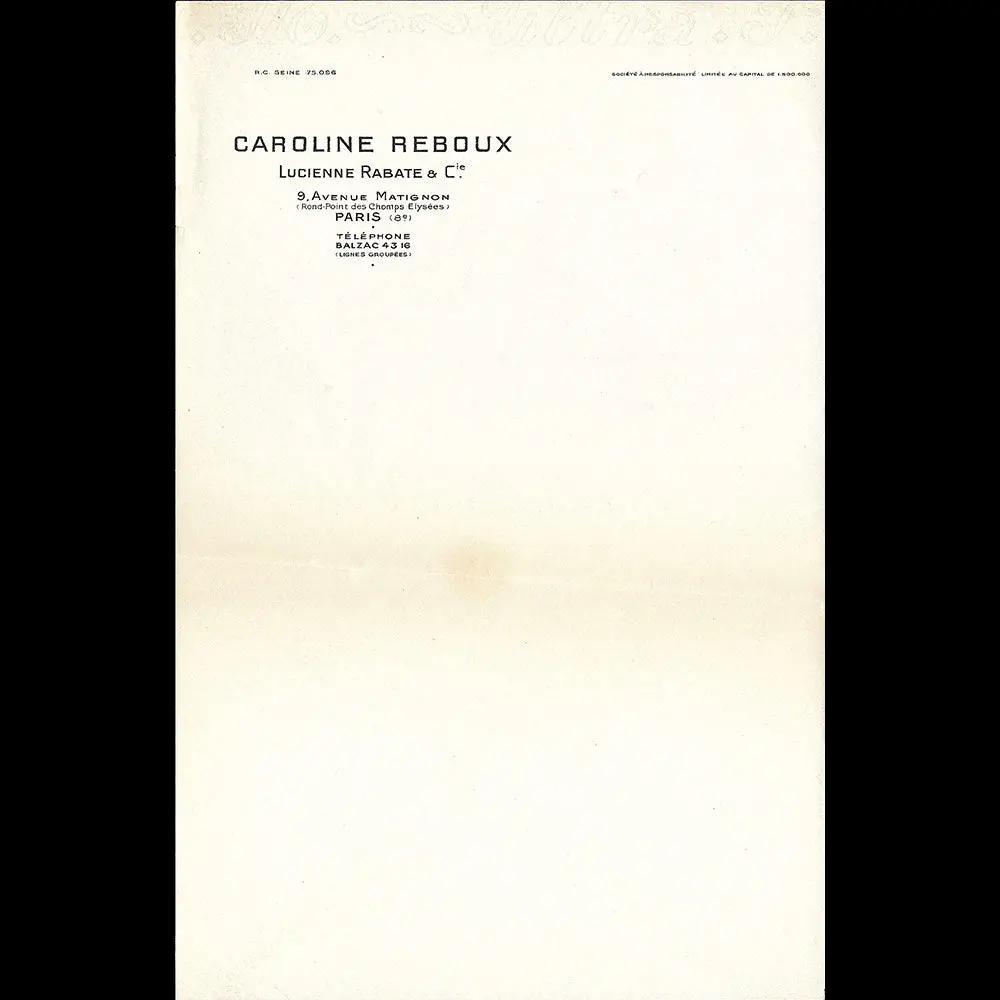 Caroline Reboux - Papier À En-Tête De La Maison De Chapeaux, 9 Avenue Matignon (Circa 1950S) 1