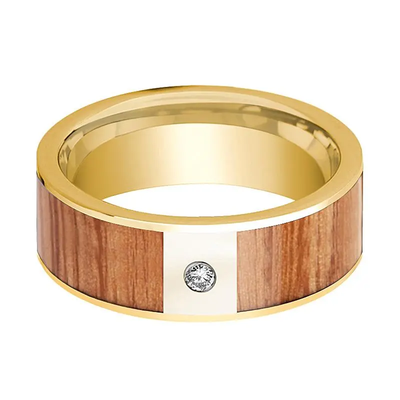 Red Oak Wood Inlaid 14K Yellow Gold Men's Wedding Band With Diamond In Center - 8Mm 2