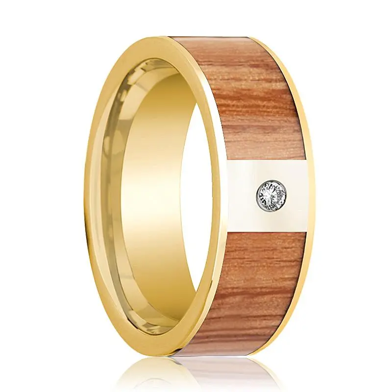 Red Oak Wood Inlaid 14K Yellow Gold Men's Wedding Band With Diamond In Center - 8Mm 1