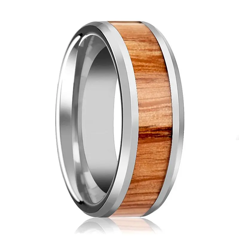 Vermillion | Silver Tungsten Ring, Red Oak Wood Inlay, Beveled 1