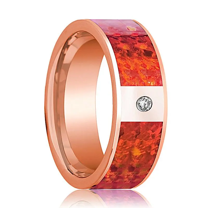 Red Opal Inlaid Men's 14K Rose Gold Wedding Band With Diamond In Center Flat Polished Design - 8Mm 1