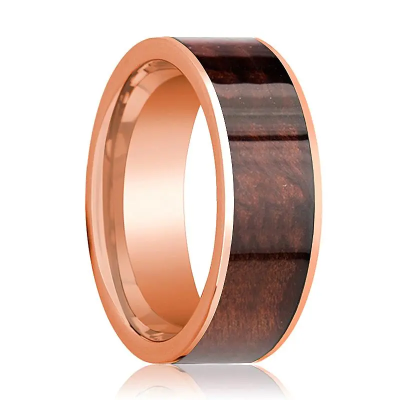 Red Wood Inlaid Men's 14K Rose Gold Wedding Band With Flat Edges - 8Mm 1