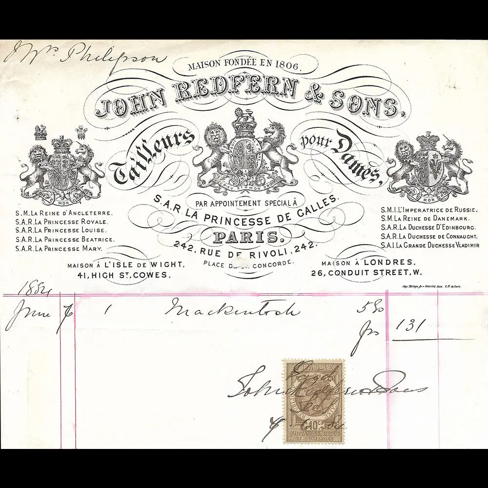 Redfern And Sons - Facture Du Tailleur Pour Dames, 242, Rue De Rivoli À Paris (1884) 1
