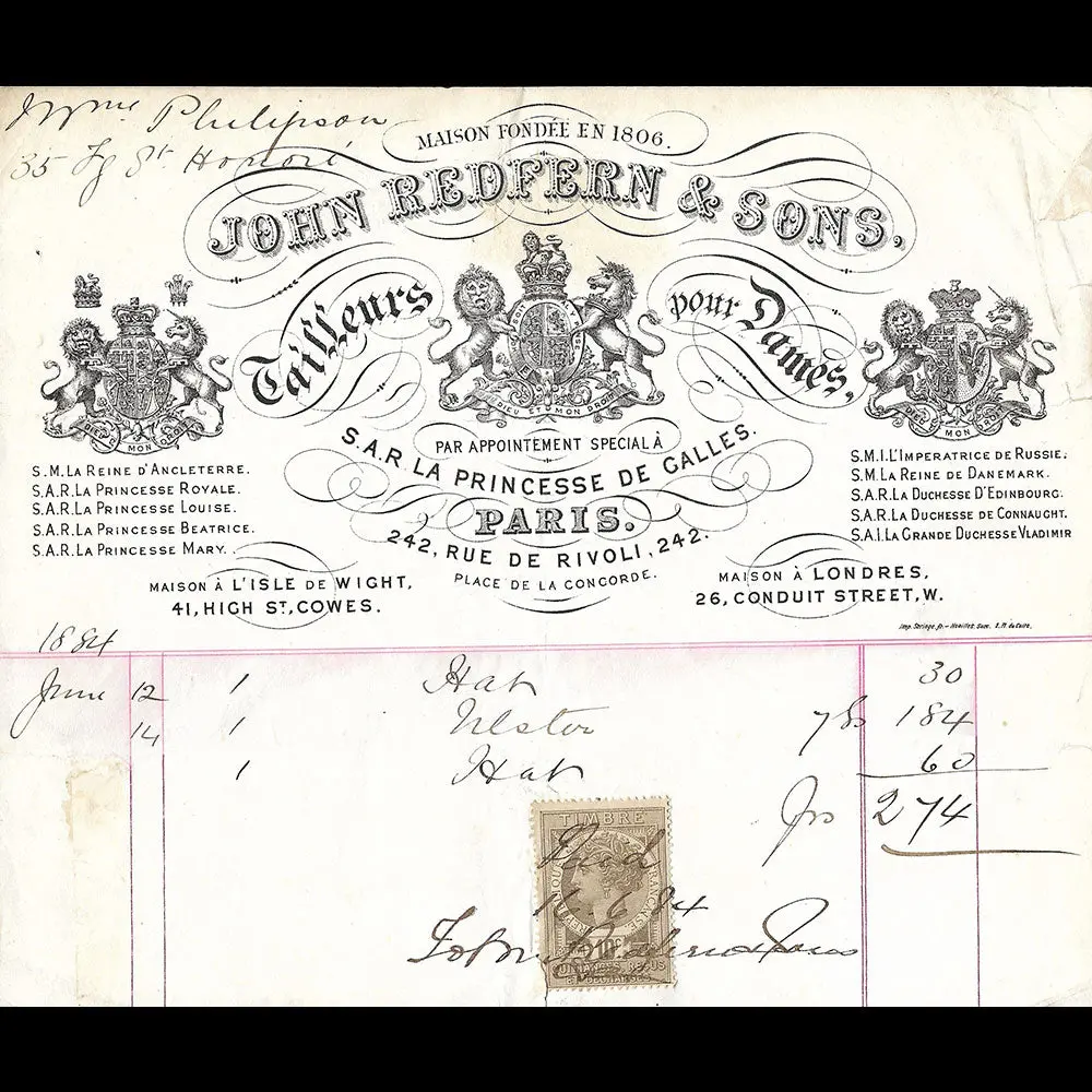 Redfern And Sons - Facture Des Tailleurs Pour Dames, 242, Rue De Rivoli À Paris (1884) 1