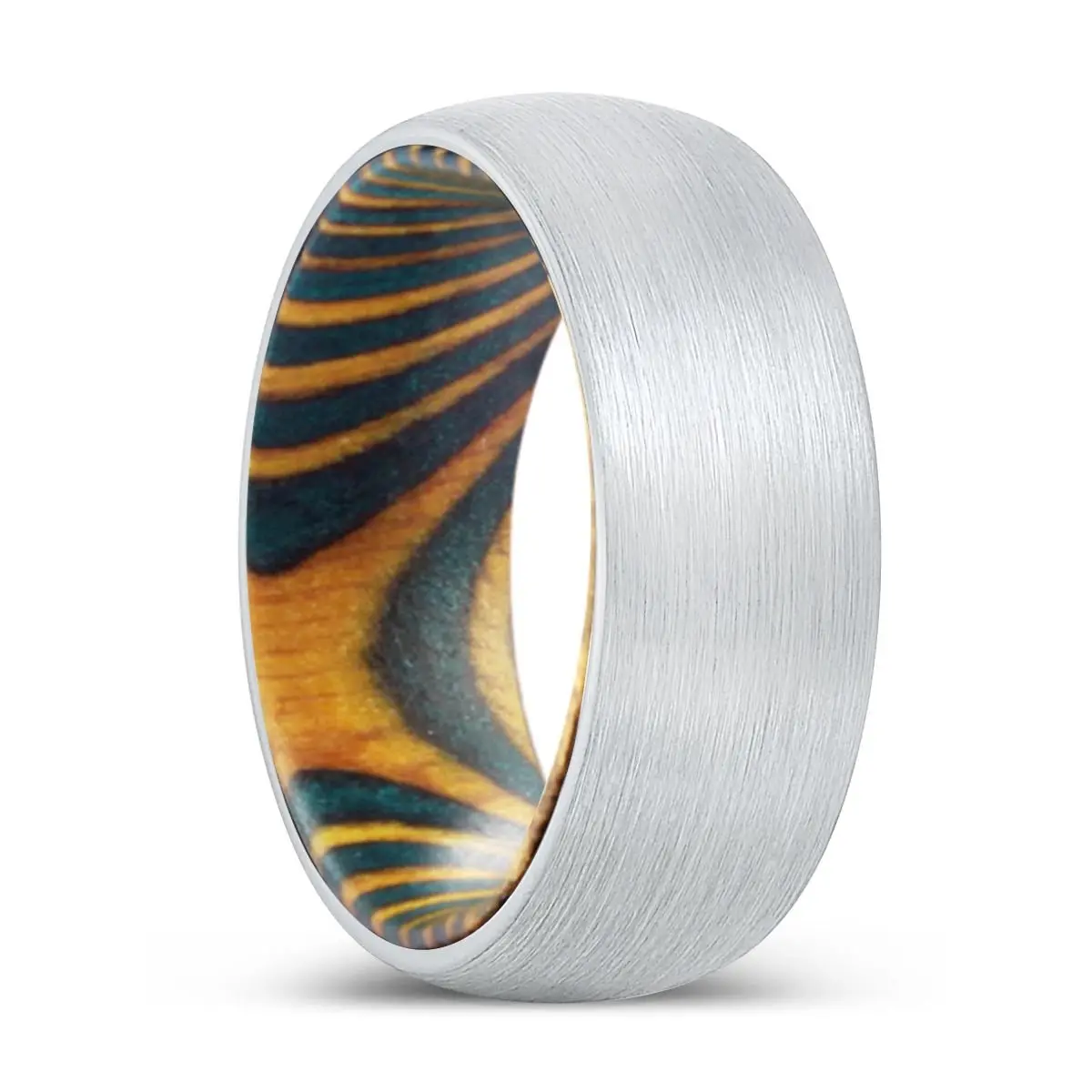 Reflection | Green & Yellow Wood, White Tungsten Ring, Brushed, Domed 1