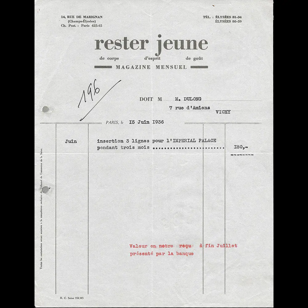 Rester Jeune - Facture De La Revue, 14 Rue De Marignan À Paris (1936) 1
