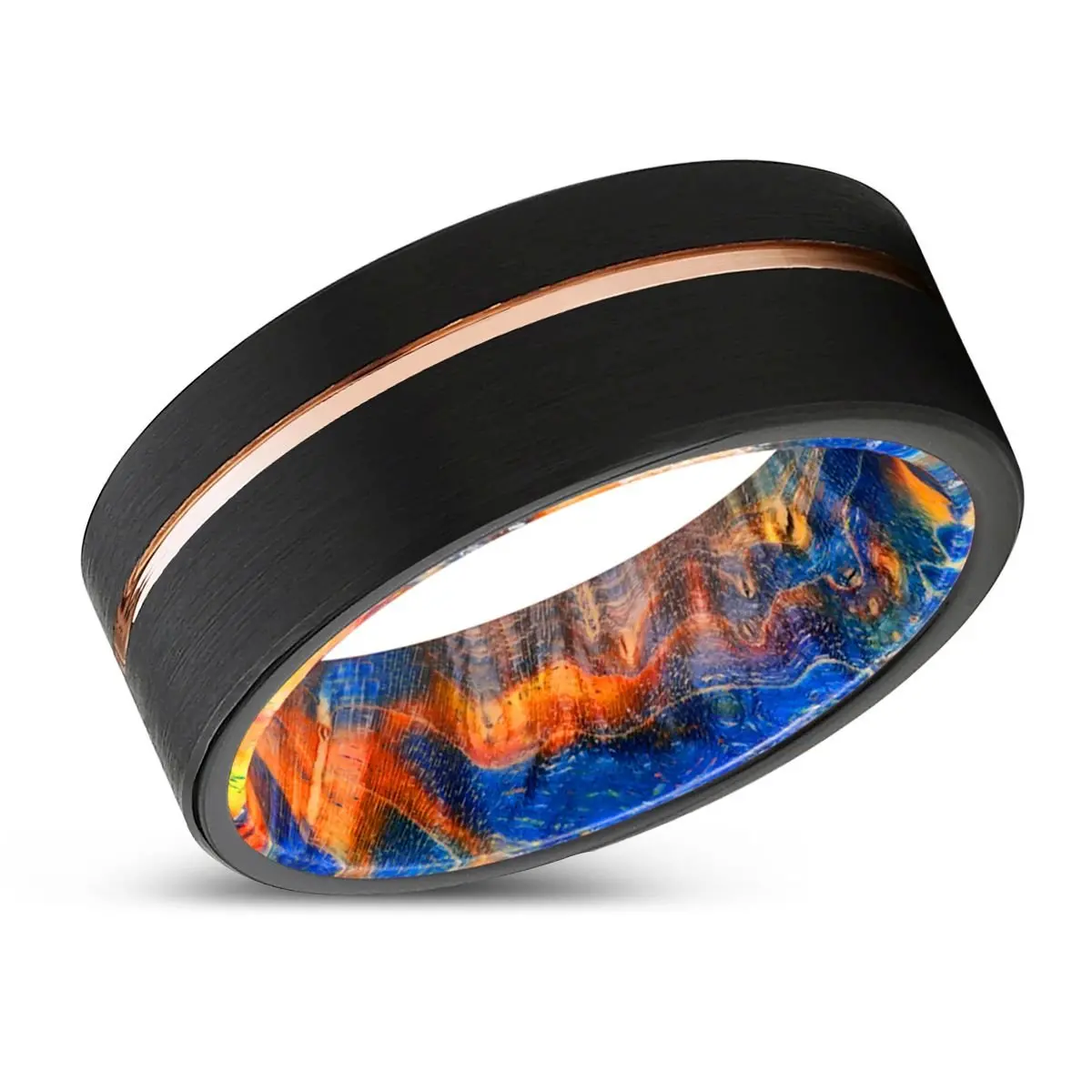 Revolt | Blue & Yellow/Orange Wood, Black Tungsten Ring, Rose Gold Offset Groove, Brushed, Flat 2
