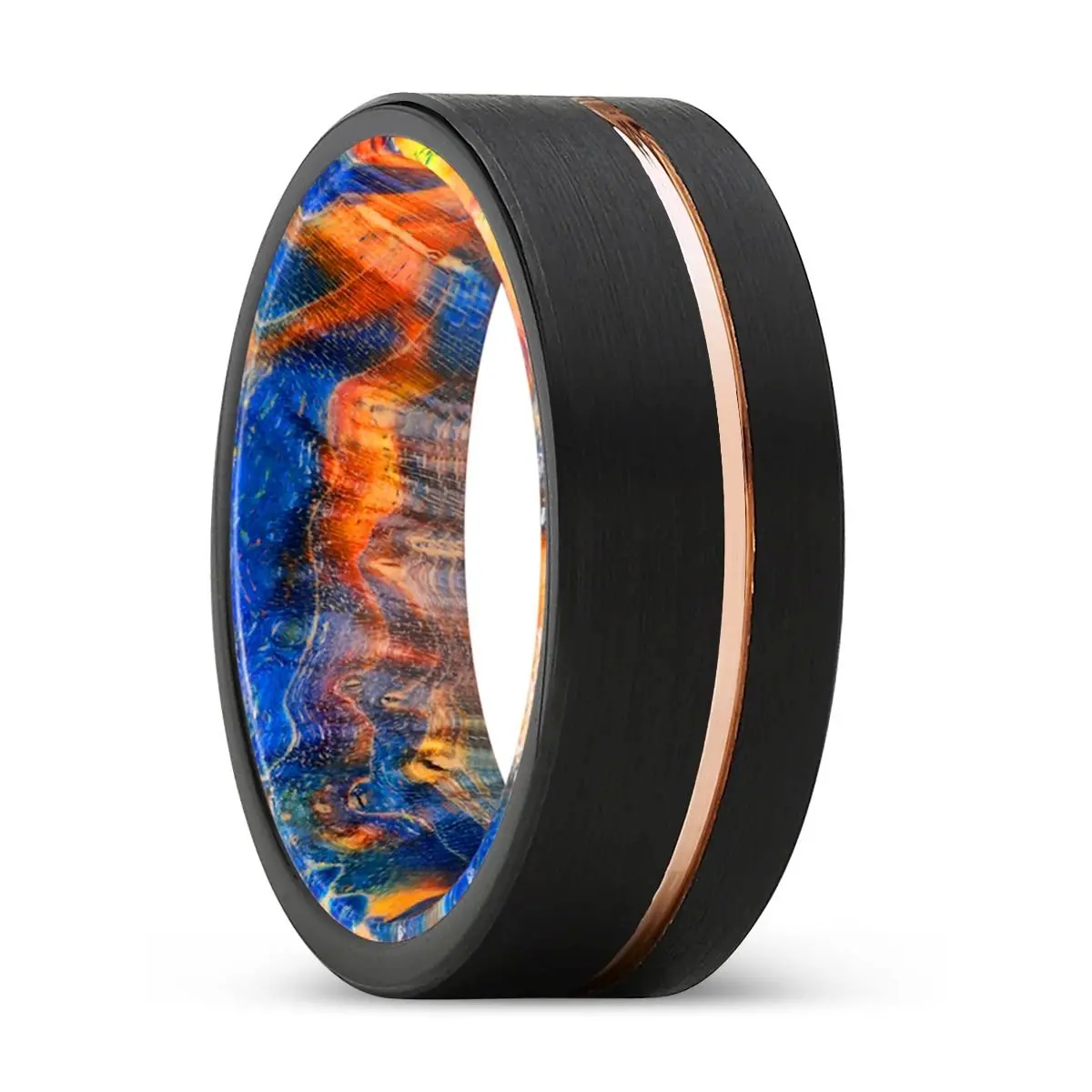 Revolt | Blue & Yellow/Orange Wood, Black Tungsten Ring, Rose Gold Offset Groove, Brushed, Flat 1