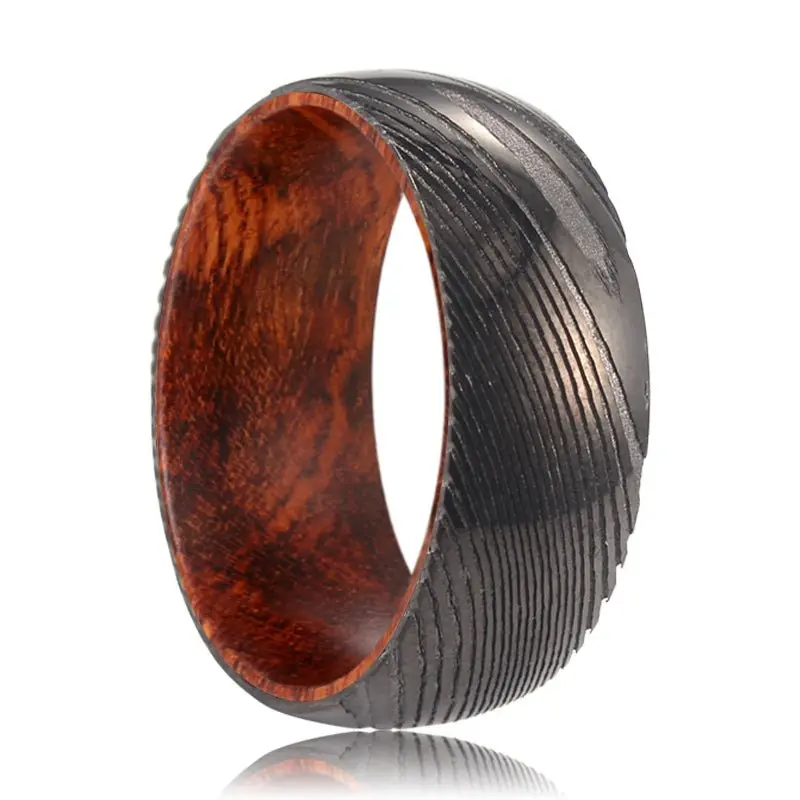 Riddle | Snake Wood, Gunmetal Damascus Steel Ring, Domed 1