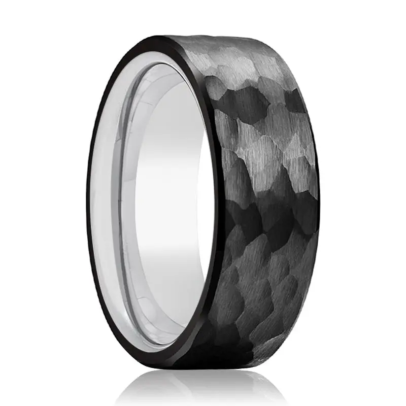Rider | Silver Ring, Black Tungsten Ring, Hammered, Flat 1