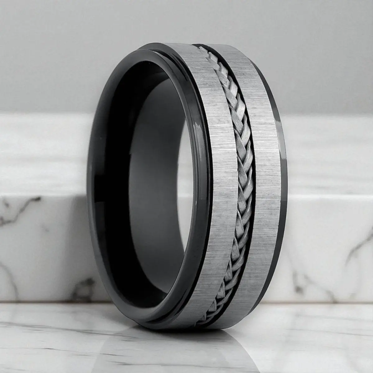 Ridge | Black Tungsten Ring With Steel Rope Inlay 1