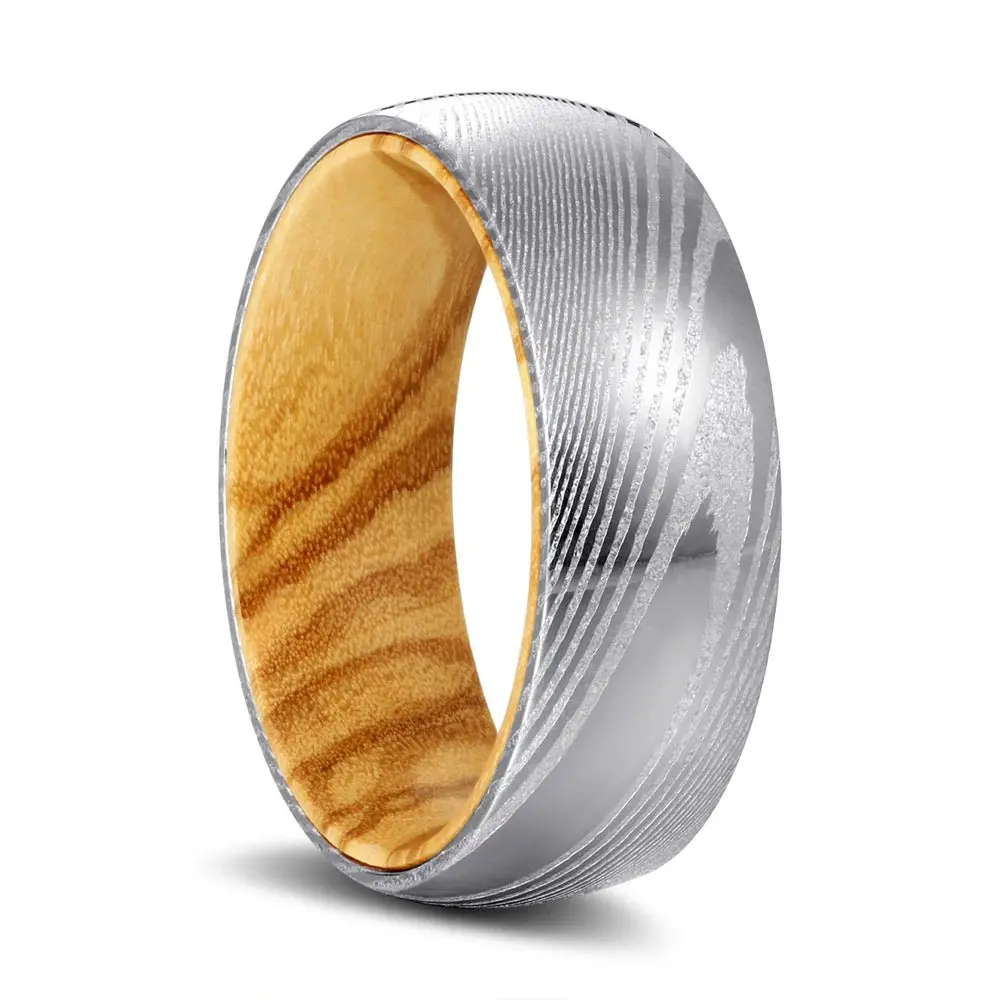 Ridges | Olive Wood, Silver Damascus Steel, Domed 1