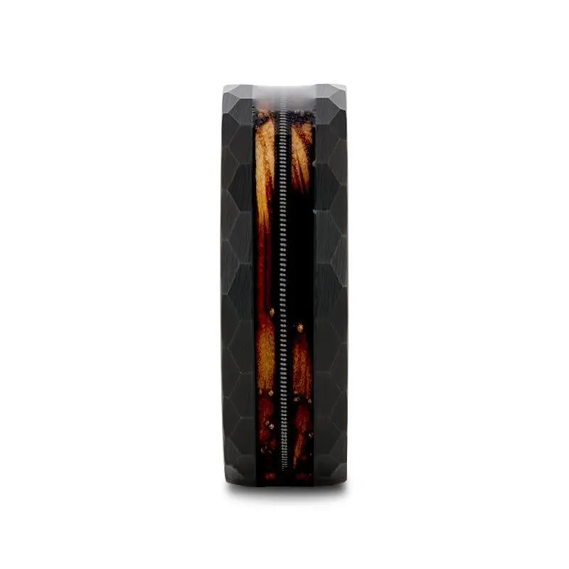 Riff | Tungsten Ring, Whiskey Barrel, Guitar String Inlay, Hammered Flat Edges 3