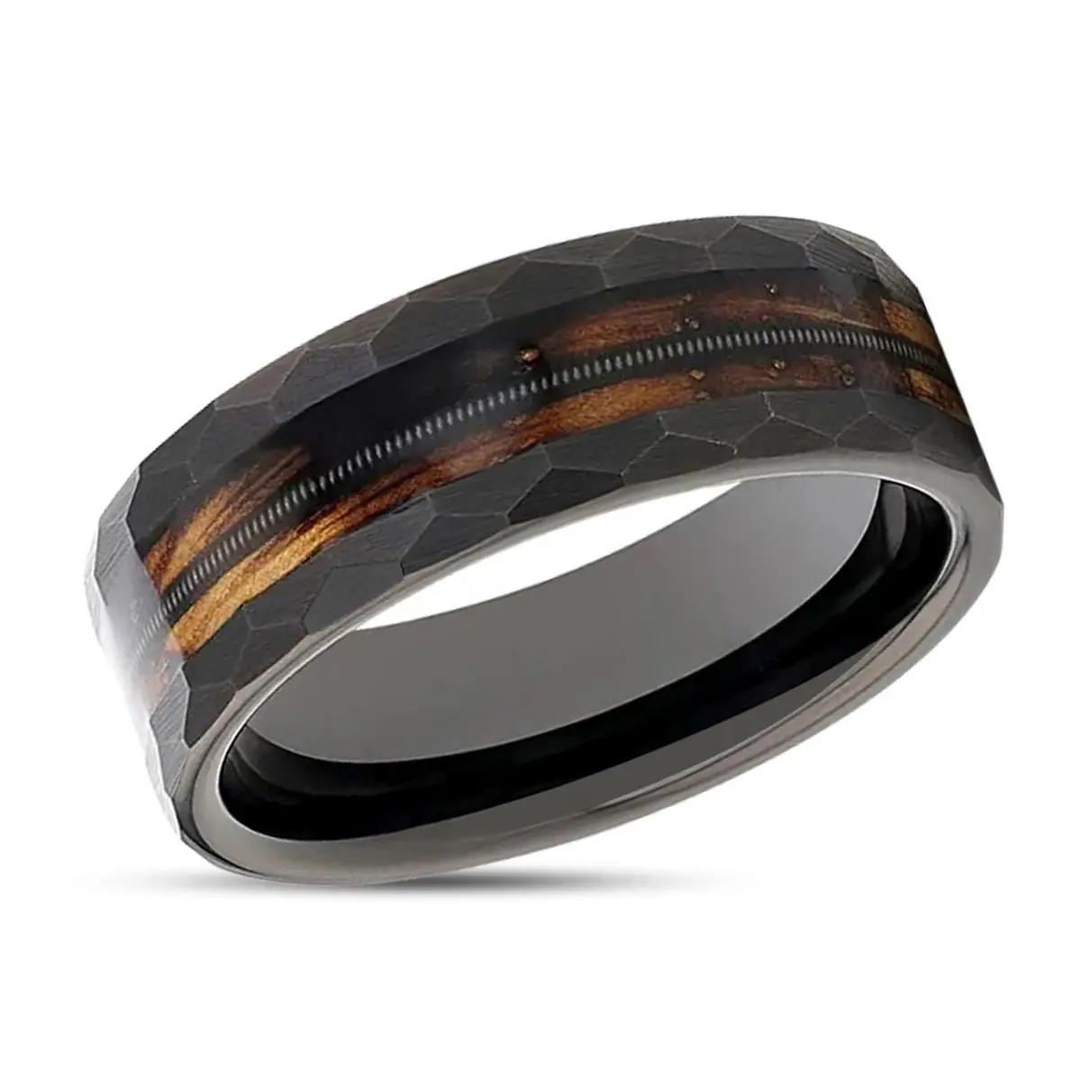 Riff | Tungsten Ring, Whiskey Barrel, Guitar String Inlay, Hammered Flat Edges 2