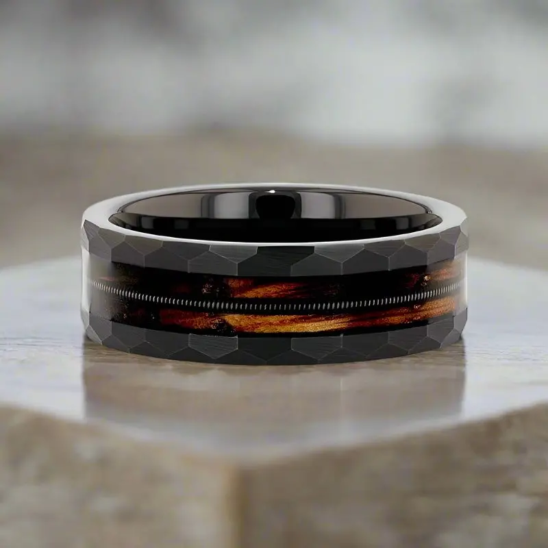 Riff | Tungsten Ring, Whiskey Barrel, Guitar String Inlay, Hammered Flat Edges 6